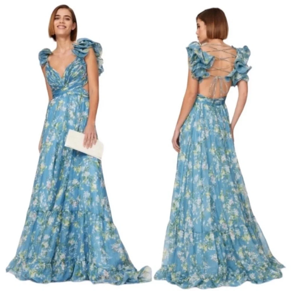 Mac Duggal 🩵 Blue Floral Ruffle Tiered Cut-Out Chiffon Gown – Size 8 NWT - Picture 3 of 16